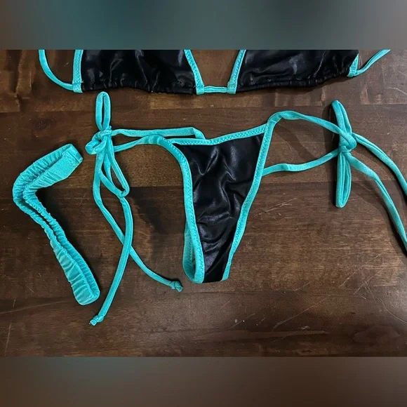 NWT Sexy Handmade Triangle Top & Tie Side Thong Shiny Black & Turquoise Bikini Bikinis